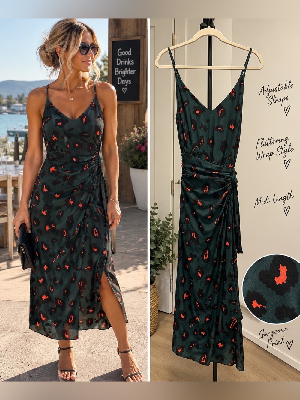 Animal Print Wrap Midi Dress Black Hot Peach Adjustable Straps Size M